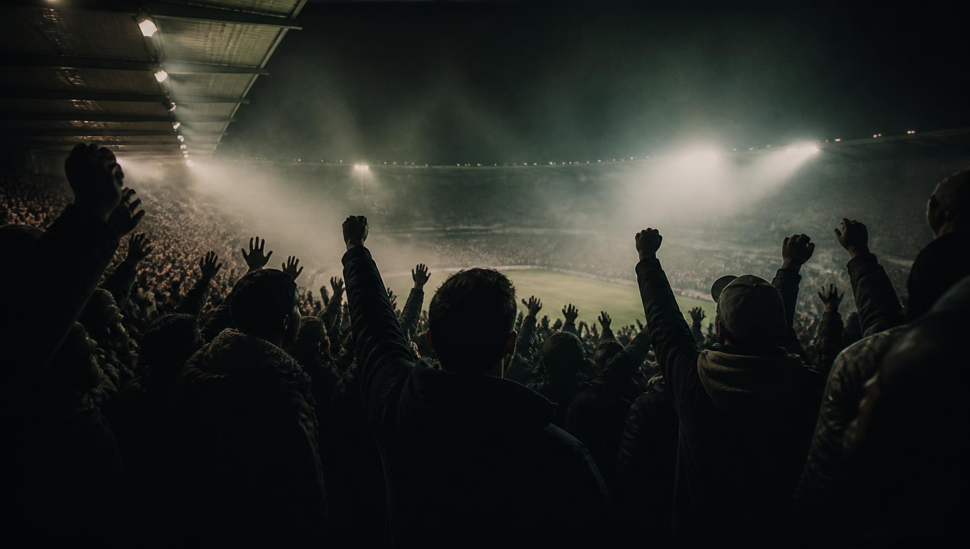 Floodlit terrace of supporters with raised arms at a night match